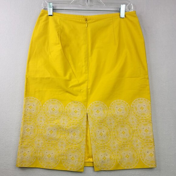 Black Label Talbots Lined Yellow Cotton Pencil Skirt White Embroidery Zip Sz 4 - Picture 3 of 9
